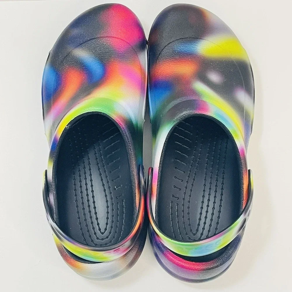 Crocs‎ Clogs Men 12 Tie Dye Bistro Multi Color Graphic Slip Resistant Work EUC